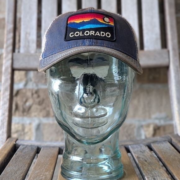 NWOT Legacy Colorado Mountain Sunrise Sunset Patch Trucker Hat Unisex Blue Tan - Picture 1 of 9